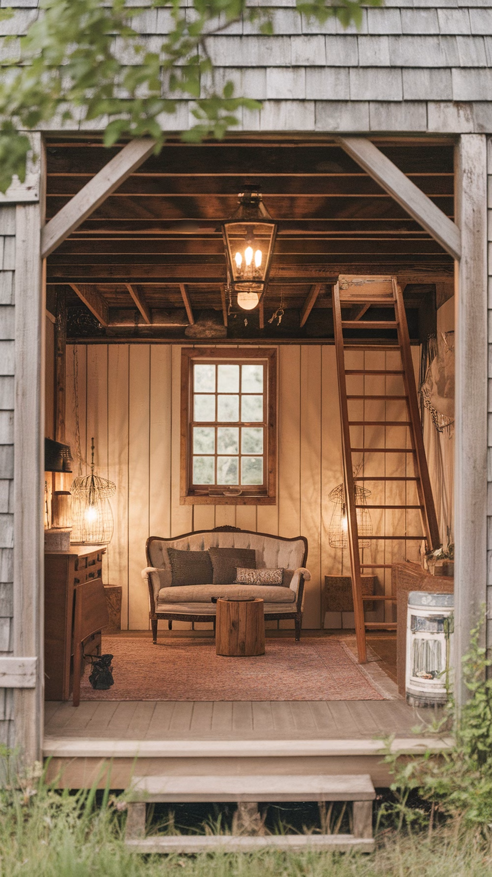 Cozy rustic garage apartment with wooden furniture and warm lighting