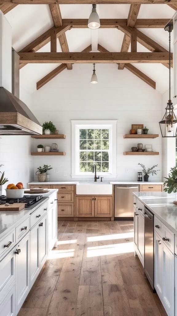 A rustic kitchen with wooden beams, white cabinetry, and a farmhouse sink, featuring natural light and warm wooden flooring.