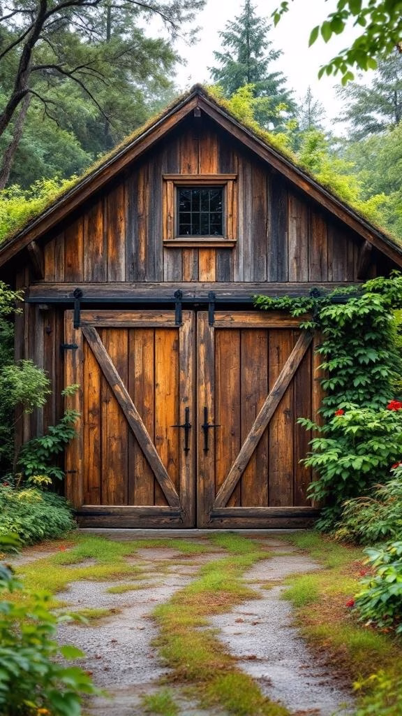 A rustic barn-style garage with sliding wooden doors surrounded by greenery.