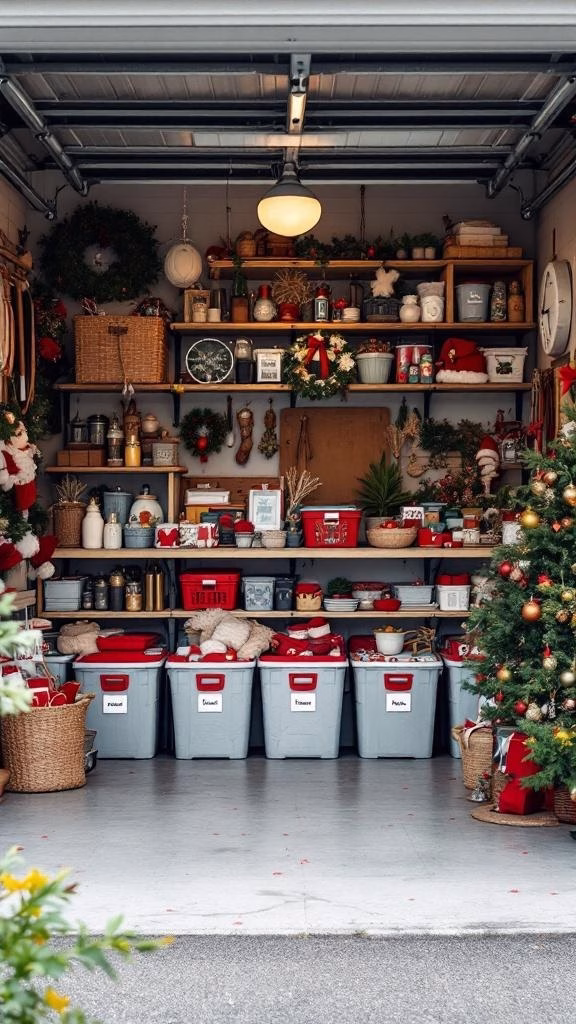 Organized garage with seasonal decor storage including labeled bins and shelves filled with decorations.