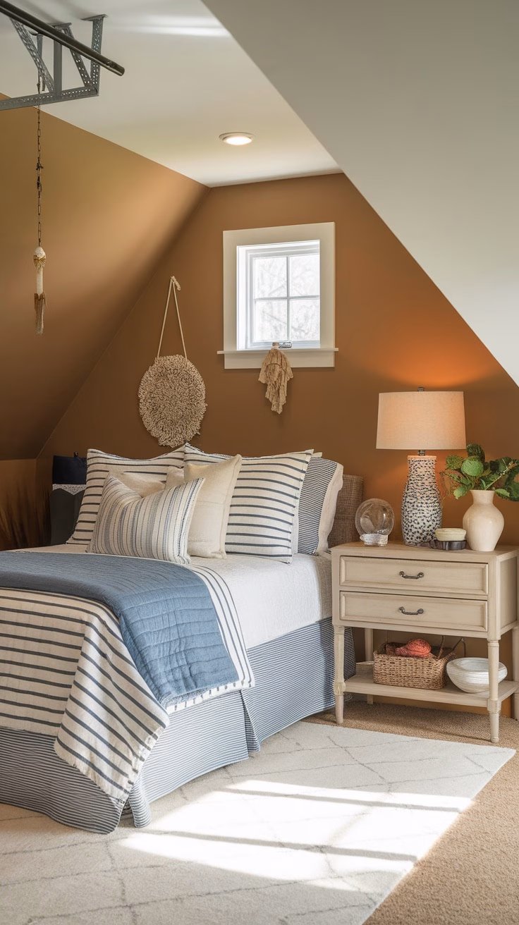 Cozy guest bedroom setup in a garage attic with wooden beams and soft bedding.