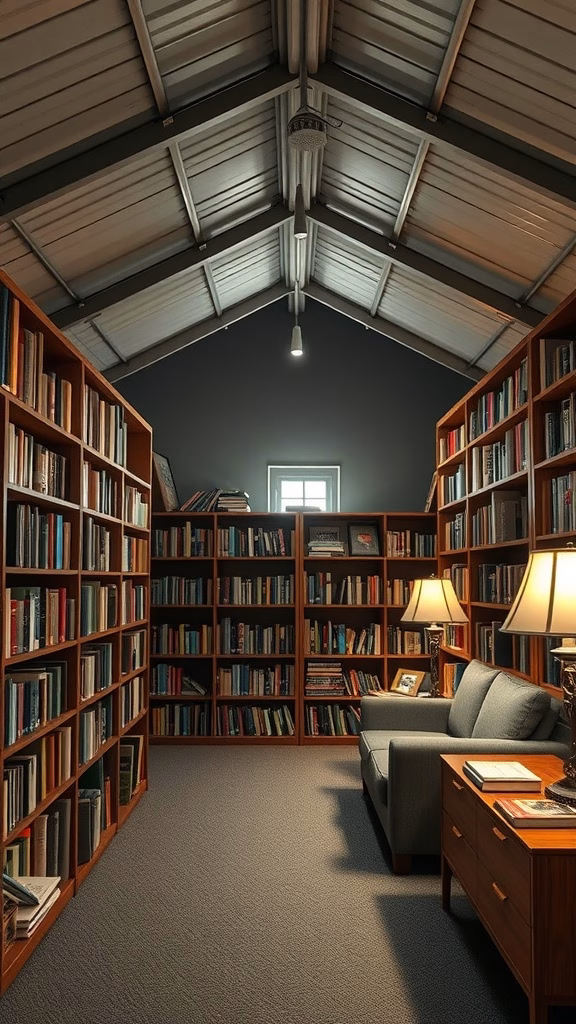 Cozy personal library in a garage attic with bookshelves, a chair, and warm lighting.