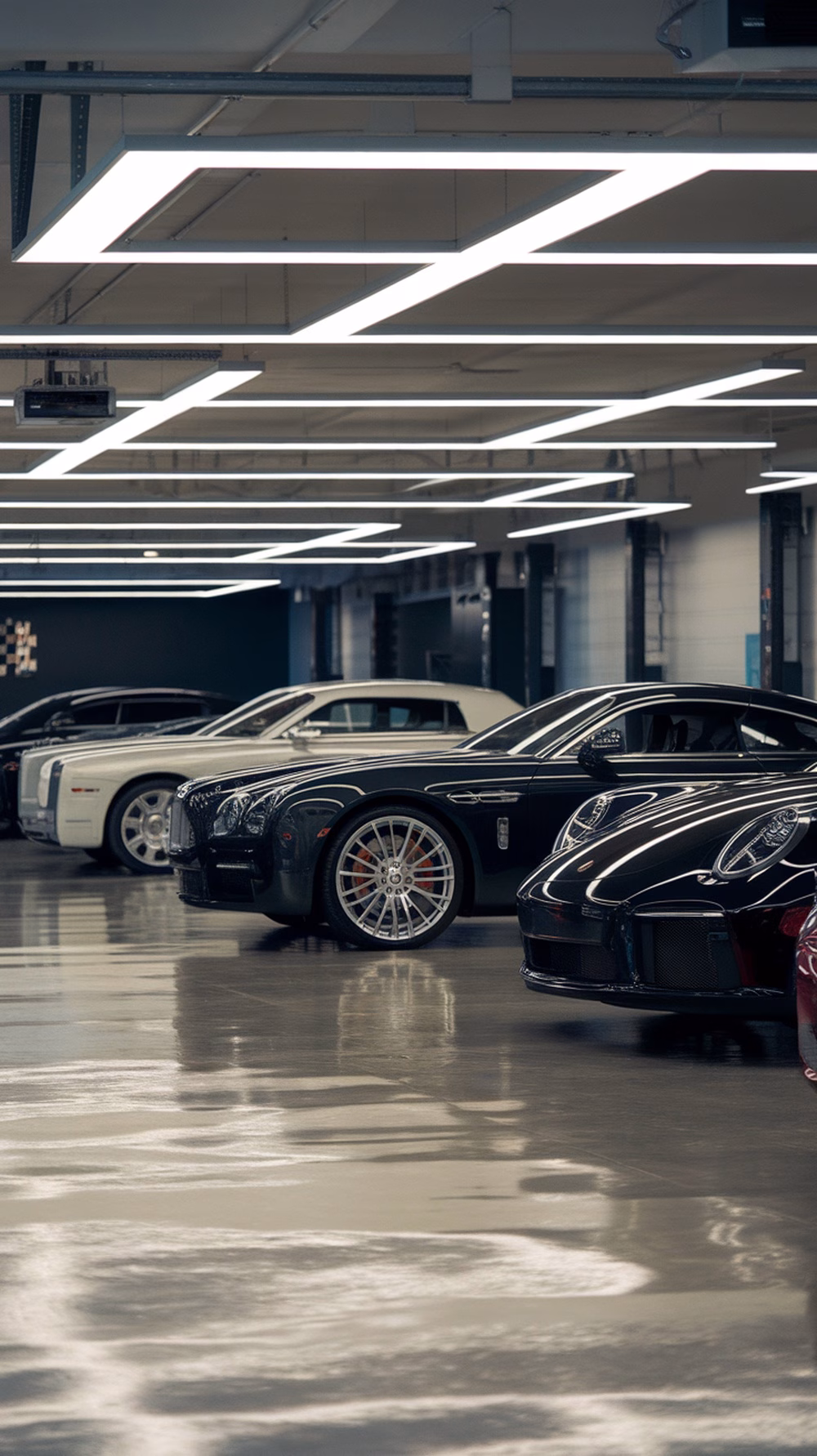 A luxury car garage featuring several high-end vehicles under bright lighting.
