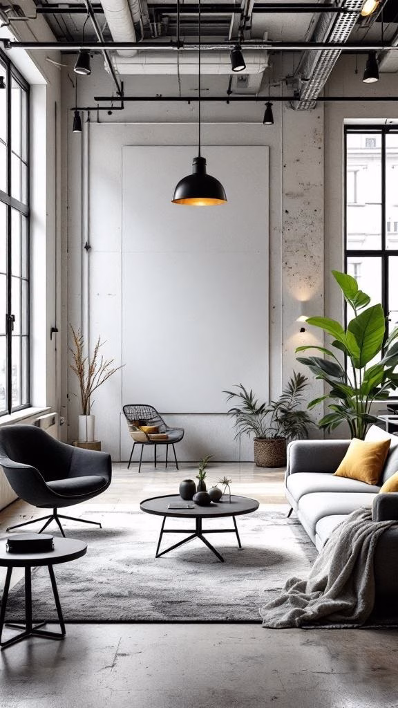 Stylish urban loft interior with large windows, modern furniture, and plants.