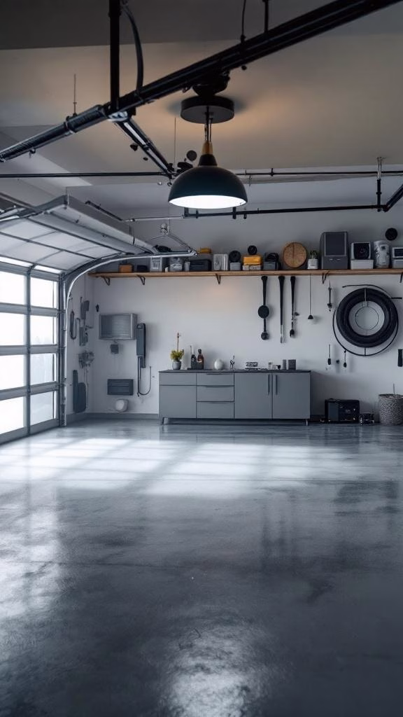 A modern garage with polished concrete floors, organized shelves, and smart lighting.