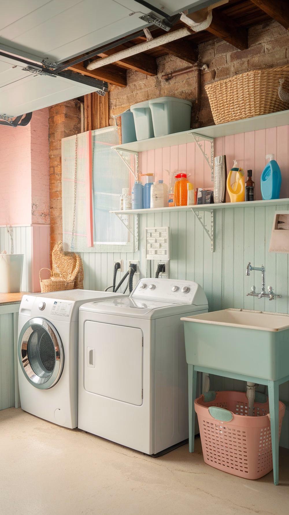 A cozy laundry room with pastel-colored walls and appliances.