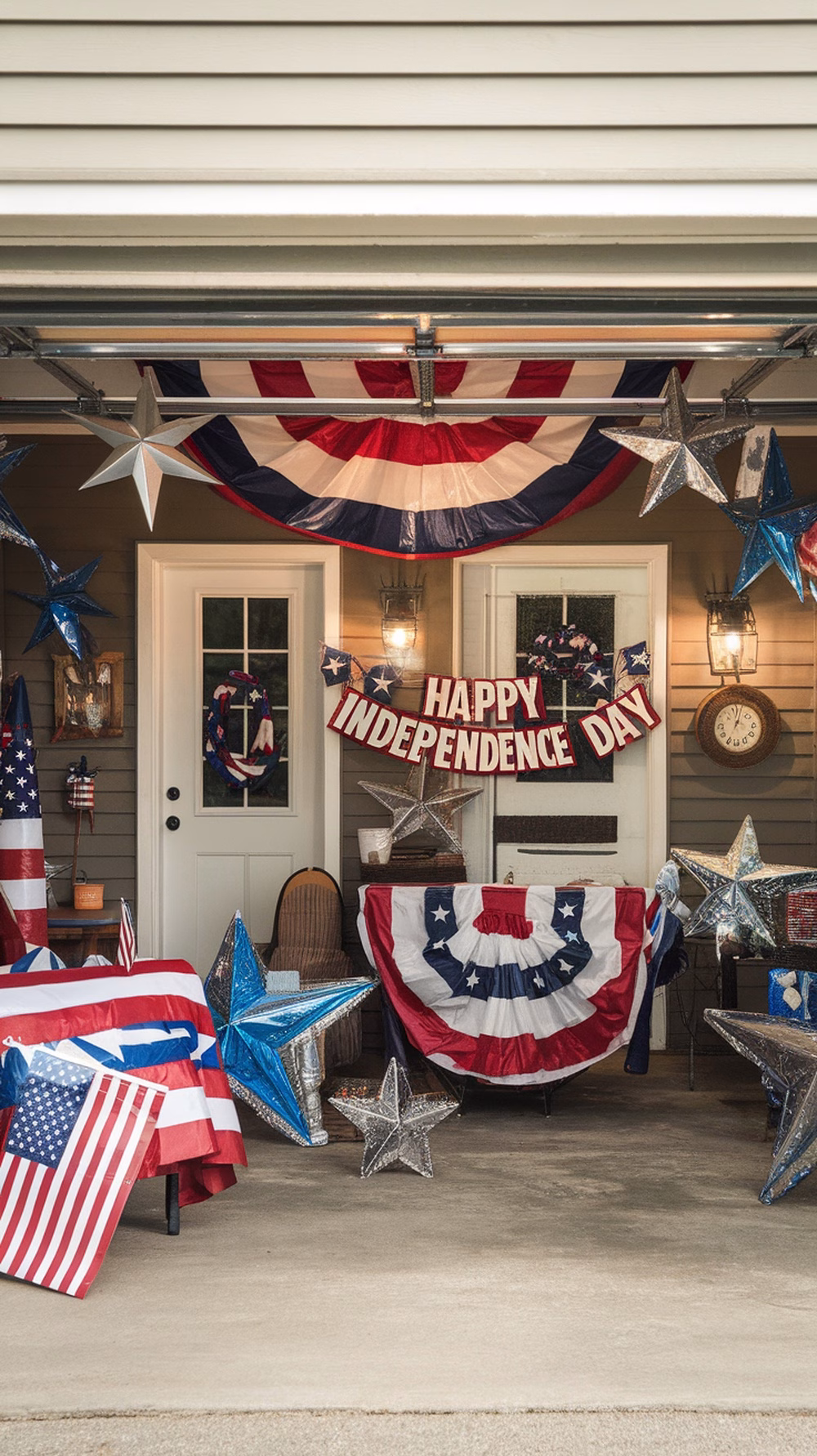 Garage decorated for 4th of July with star-shaped accents and red, white, and blue decorations.