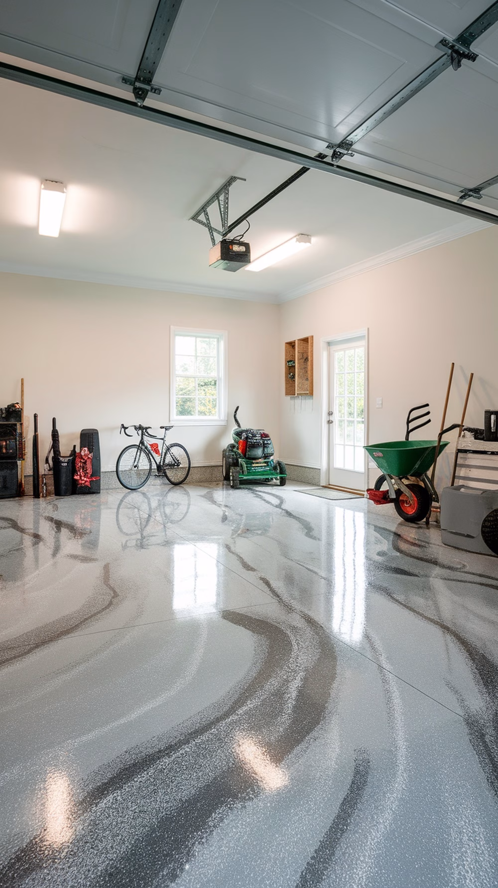 A stylish garage with polished flooring, bike, and gardening tools.
