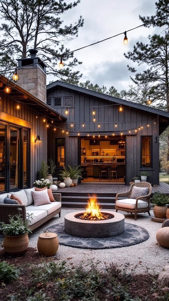 Stylish outdoor patio with a fire pit, seating, and string lights