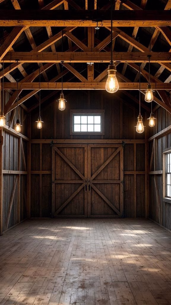 Interior of a barn-style garage with rustic lighting fixtures hanging from the ceiling.