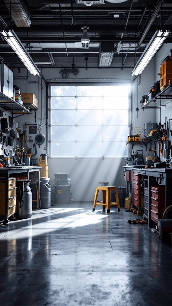 A stylish workshop space with bright light, organized tools, and workbenches