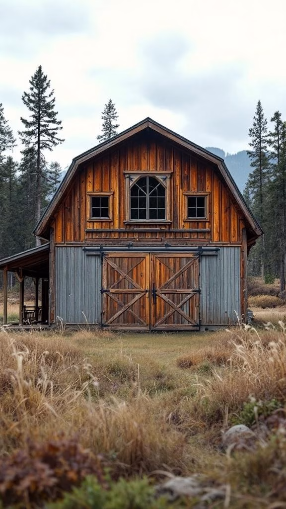 A rustic barndominium with a wooden exterior and large doors, surrounded by tall grass and trees.