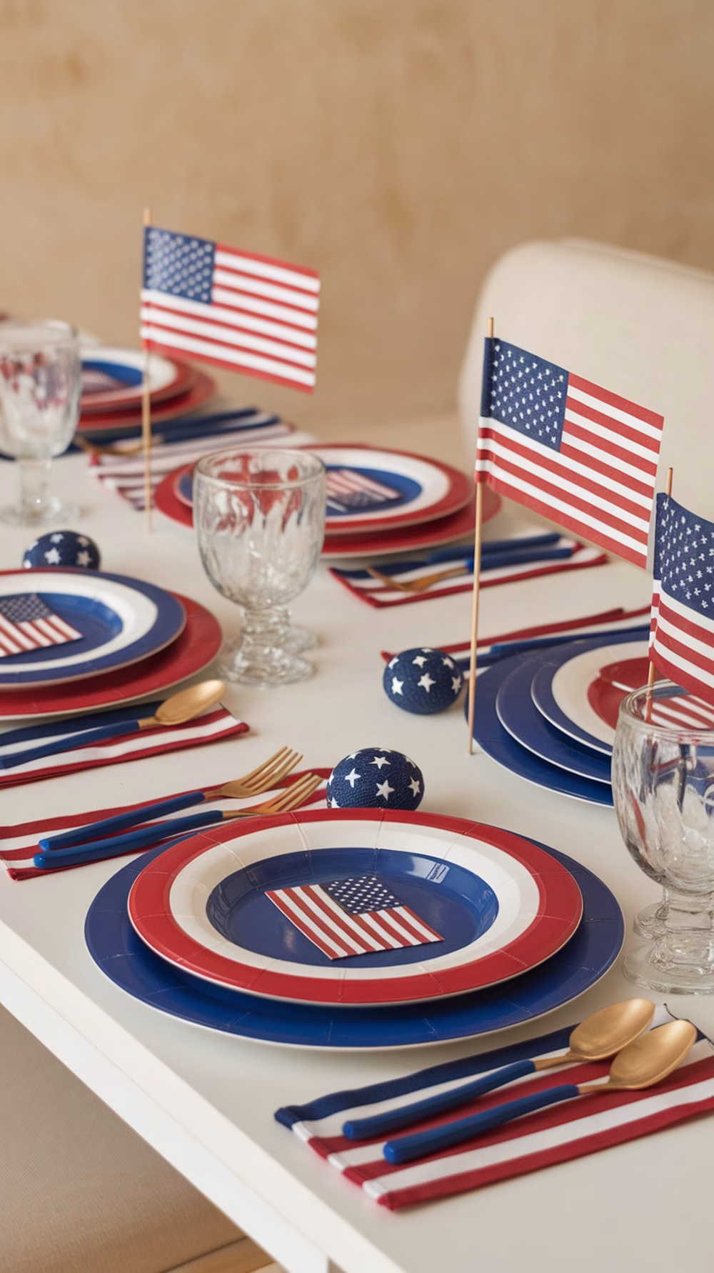 A festive table setting with patriotic plates, small American flags, and striped napkins for a 4th of July party.