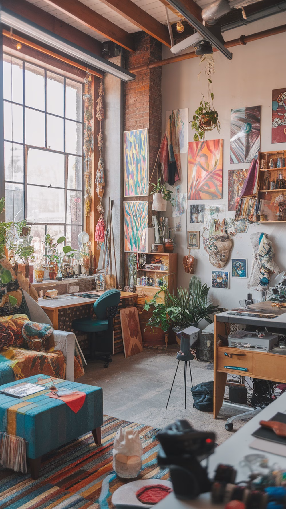 An eclectic artist's loft featuring colorful artwork, plants, and a cozy workspace.