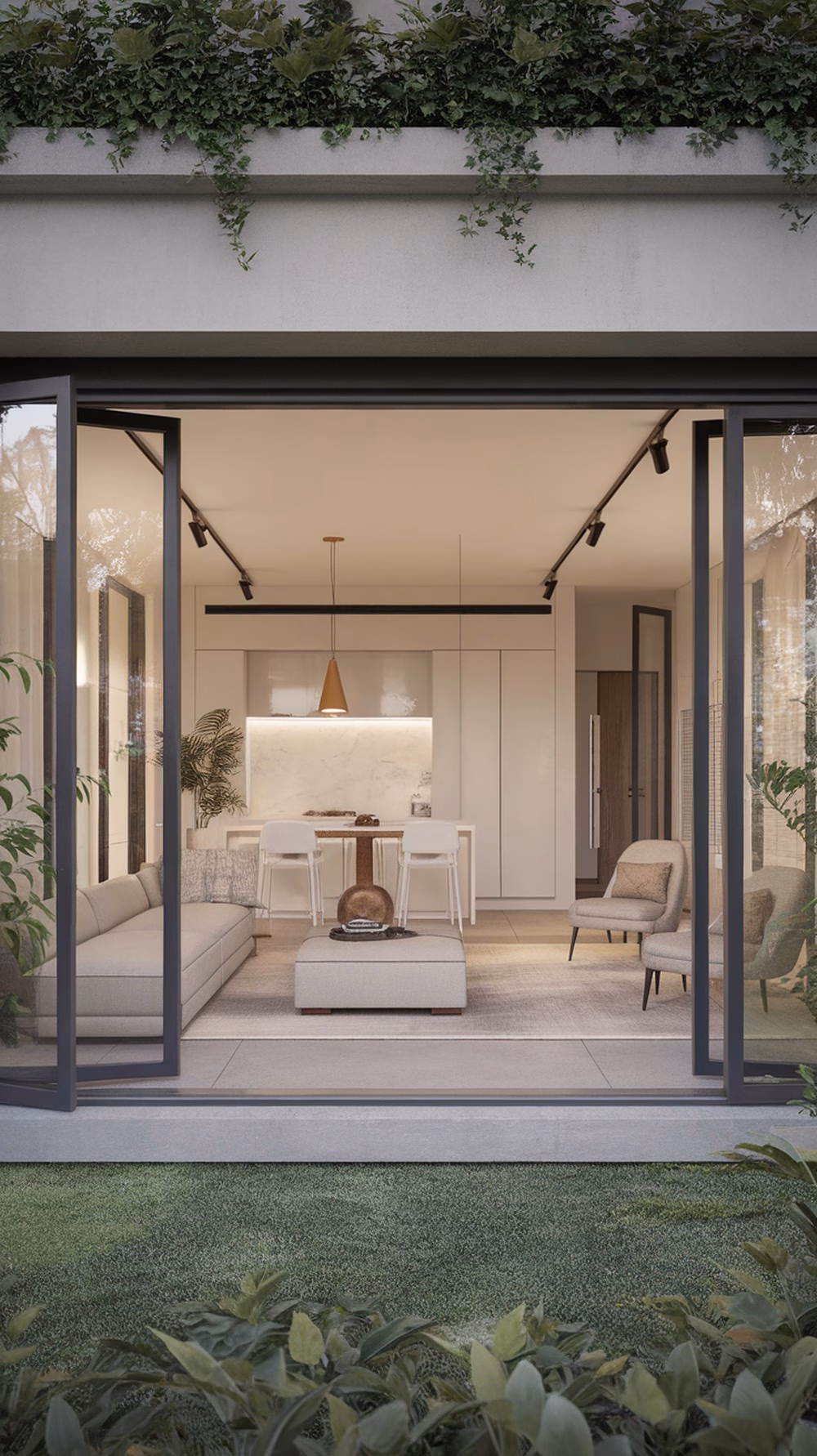 A modern minimalist garage apartment with large glass doors, a cozy seating area, and a dining space.