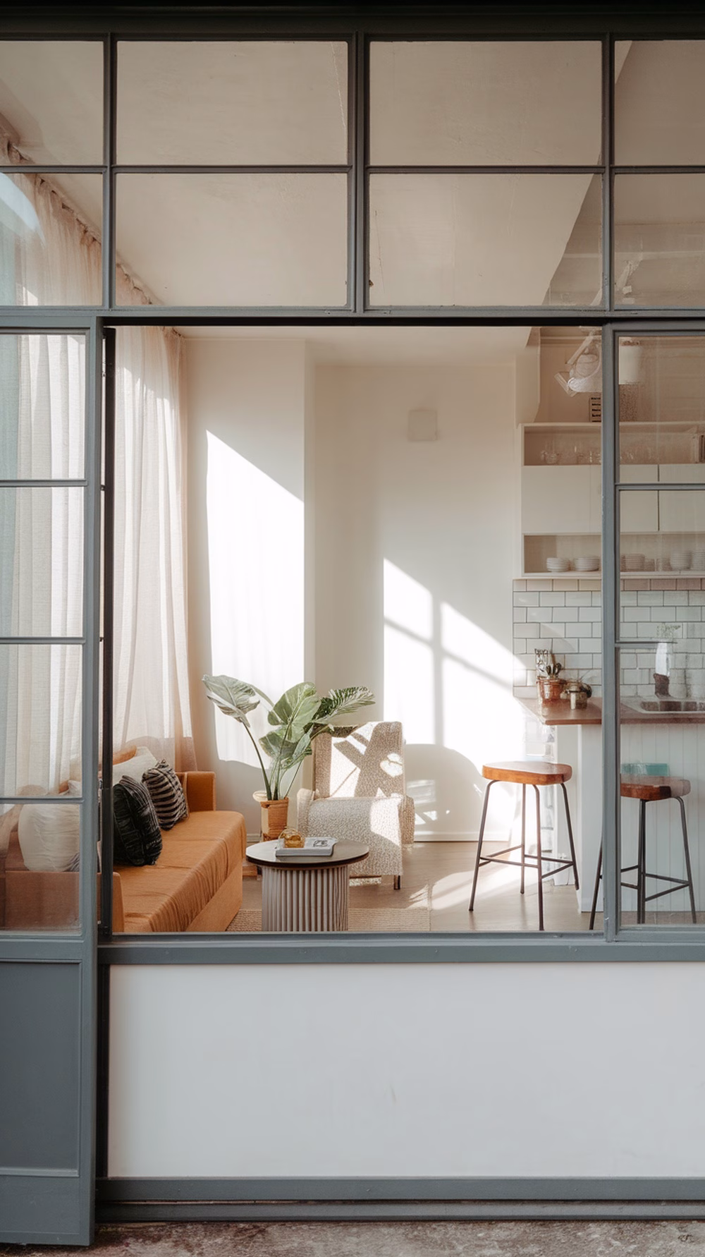 A stylish and modern garage apartment studio with large windows, a cozy orange sofa, a textured armchair, and a small table.