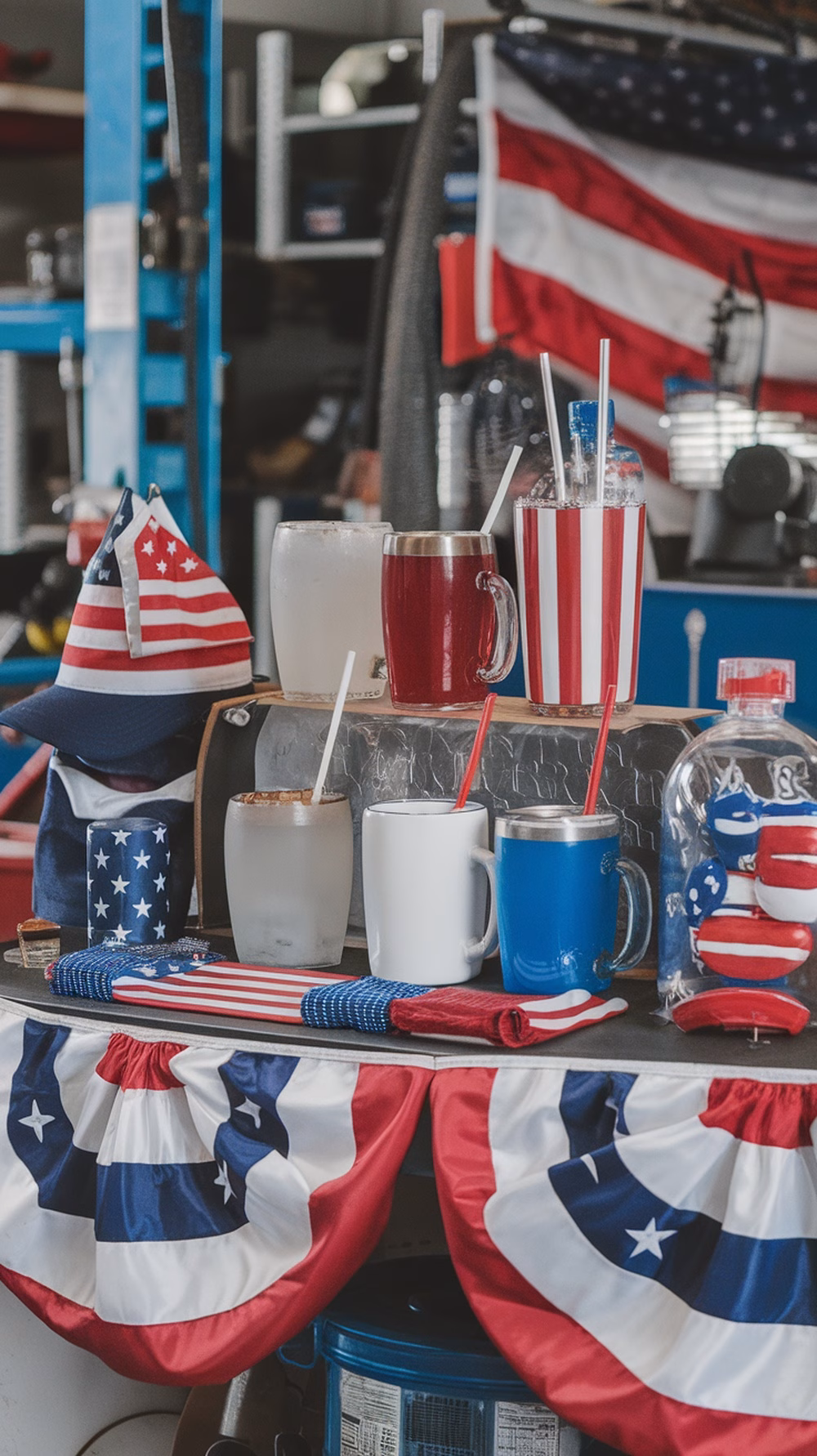 A themed drink station for a 4th of July party featuring drinks in red, white, and blue cups, with flags and bunting decorations.