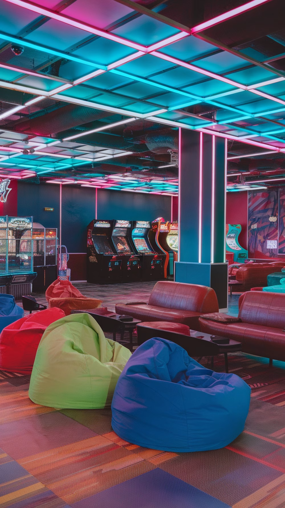 A neon arcade game room with colorful bean bag seating and sleek couches under bright lighting.