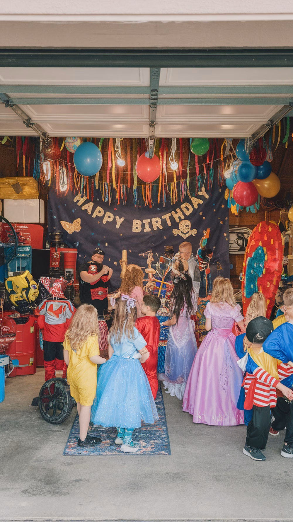 Children at a birthday party in a decorated garage with colorful balloons and a 'Happy Birthday' banner.
