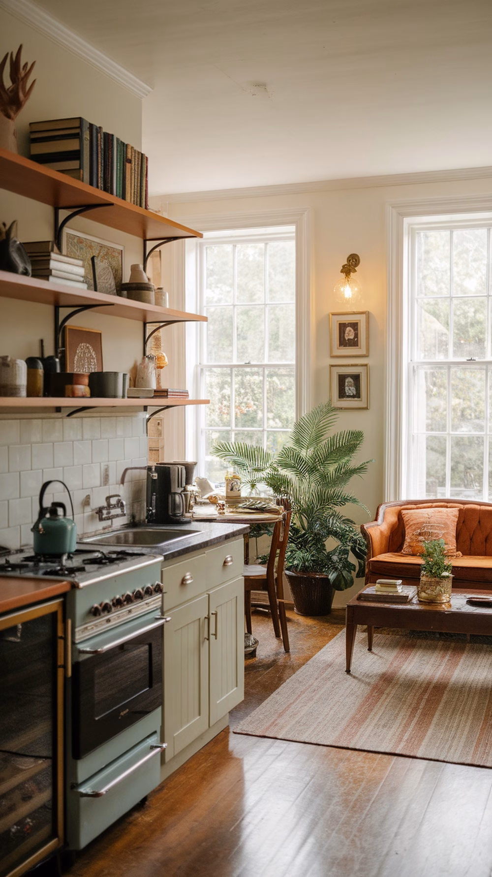 Cozy kitchen and living area in a traditional garage apartment with vintage decor and natural light.