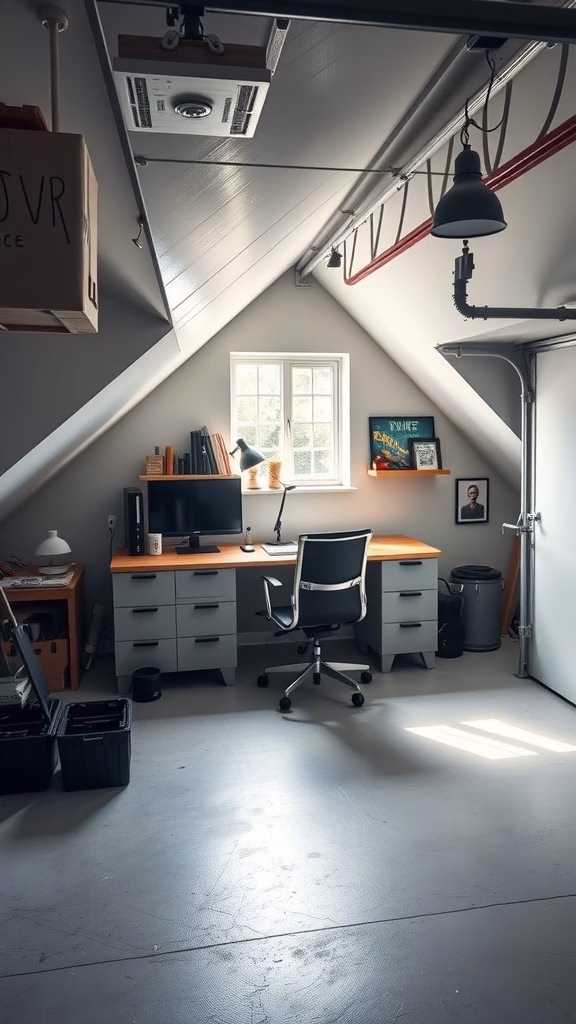 Cozy office space in a garage attic with a desk, chair, and natural light