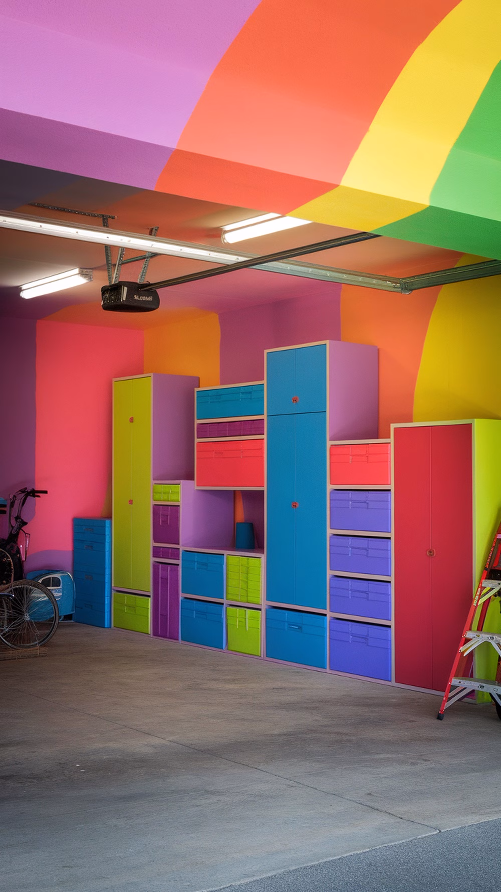 A colorful garage featuring vibrant walls and storage units in various bright colors.