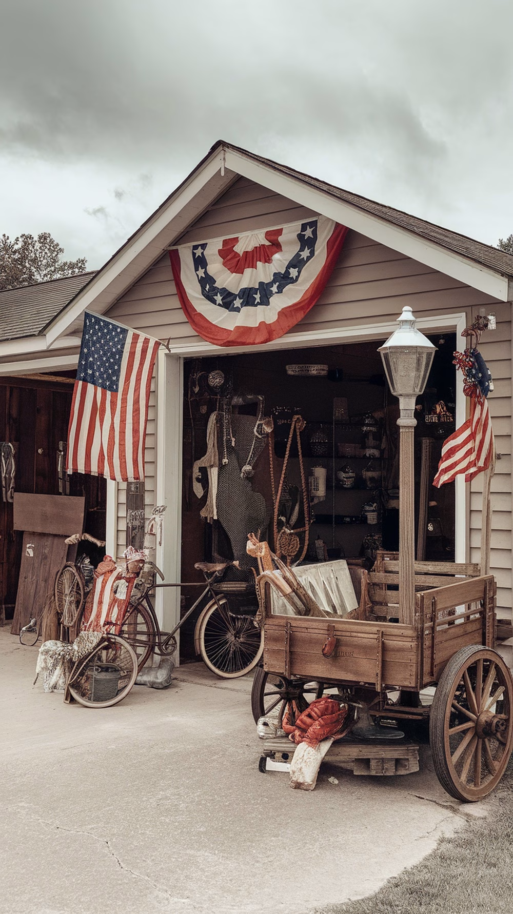 A garage decorated with American flags and vintage items for a 4th of July party.