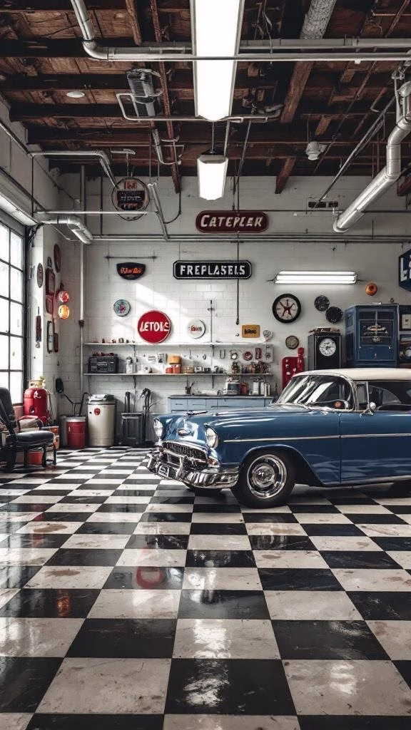 A vintage car showcased in a stylish garage with a checkered floor and vintage signs.