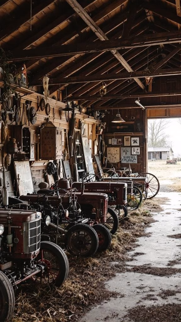 Interior of a barn-style garage displaying vintage farm equipment and tools.