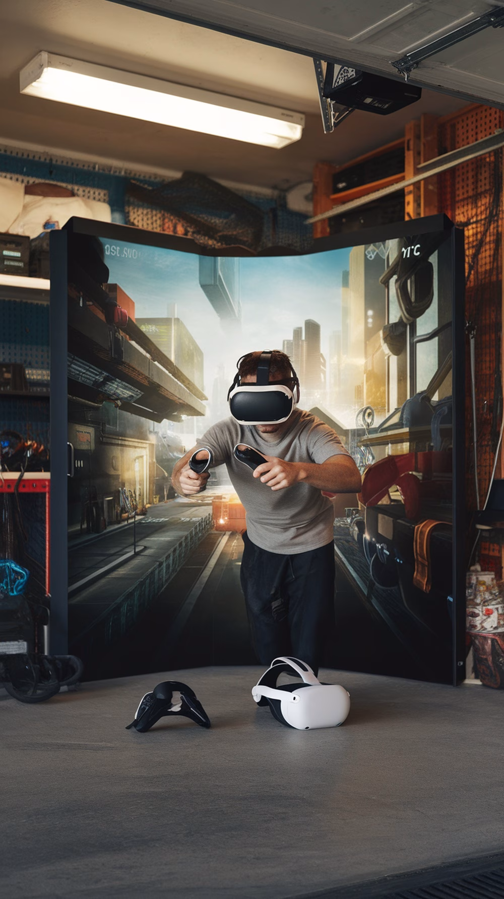 A person wearing a VR headset and holding controllers in a garage gaming corner.