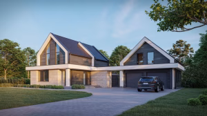 A photograph of a modern two-story home featuring a detached garage, both bathed in the golden light of late afternoon. The house boasts a striking facade with a combination of dark grey wood siding, light beige stone accents, and crisp white trim, while the garage mirrors the design with a contrasting deep blue accent panel above the garage door. A meticulously manicured lawn surrounds the house and a paved driveway winds towards the garage, complete with a single dark grey SUV parked inside. The scene is framed by mature trees and a clear blue sky, creating a serene and inviting atmosphere.