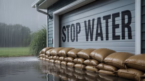 A photograph depicting a close-up view of a sturdy sandbag barrier strategically placed against a partially open garage door during a heavy rainstorm. The sandbag is tan and filled tightly, with water visibly pooling around its base, reflecting the grey, overcast sky. Rain streaks down the garage door, revealing the words “"STOP WATER"" painted in large black lettering. The scene is illuminated by the diffused light of the storm, creating a dramatic and slightly somber mood.