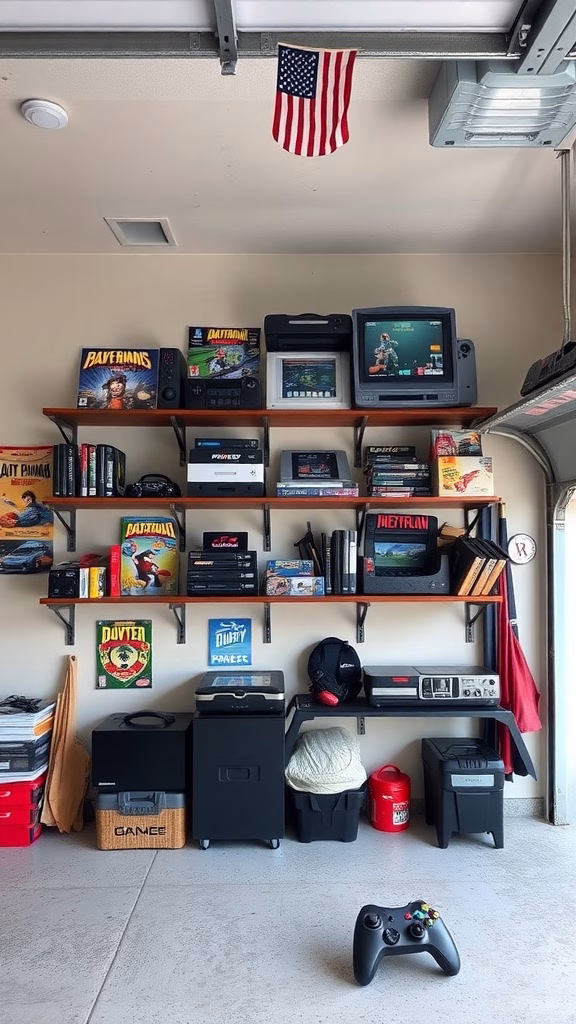 A garage wall-mounted game storage with shelves displaying various gaming consoles and games.