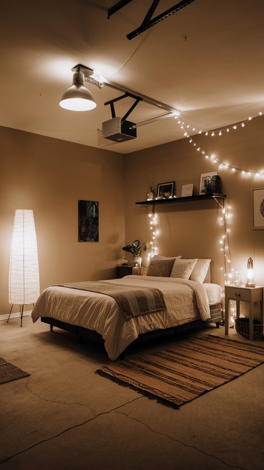 Cozy garage bedroom with various lighting solutions including a pendant light, string lights, and a floor lamp.