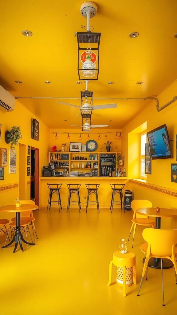 A bright yellow garage bar interior with stools and tables, creating a cheerful atmosphere.