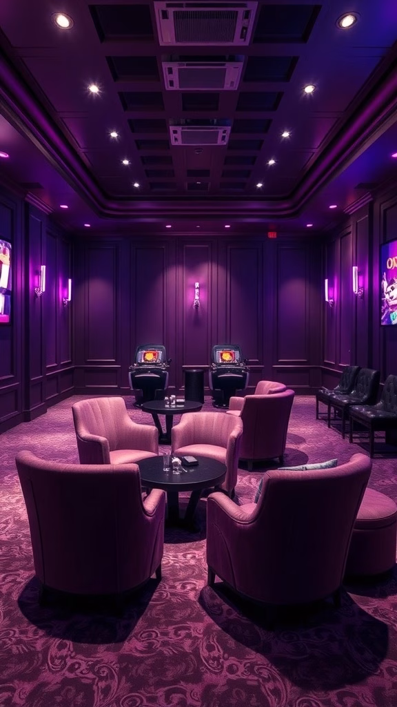 Interior of a luxurious game room featuring deep purple walls and stylish seating.