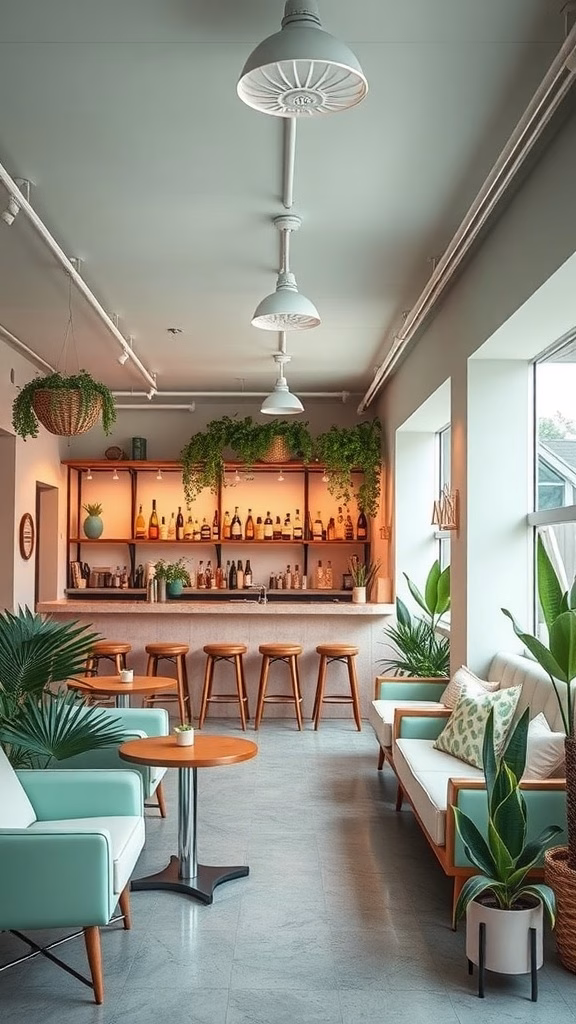 Interior of a garage bar with soft pastel walls, wooden furniture, and plants