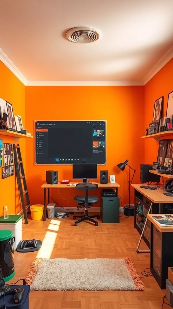 A game room with vibrant orange walls, featuring a desk, computer, and gaming setup.