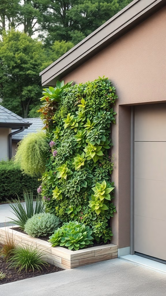 A vibrant vertical garden wall beside a garage, featuring various lush green plants and succulents.