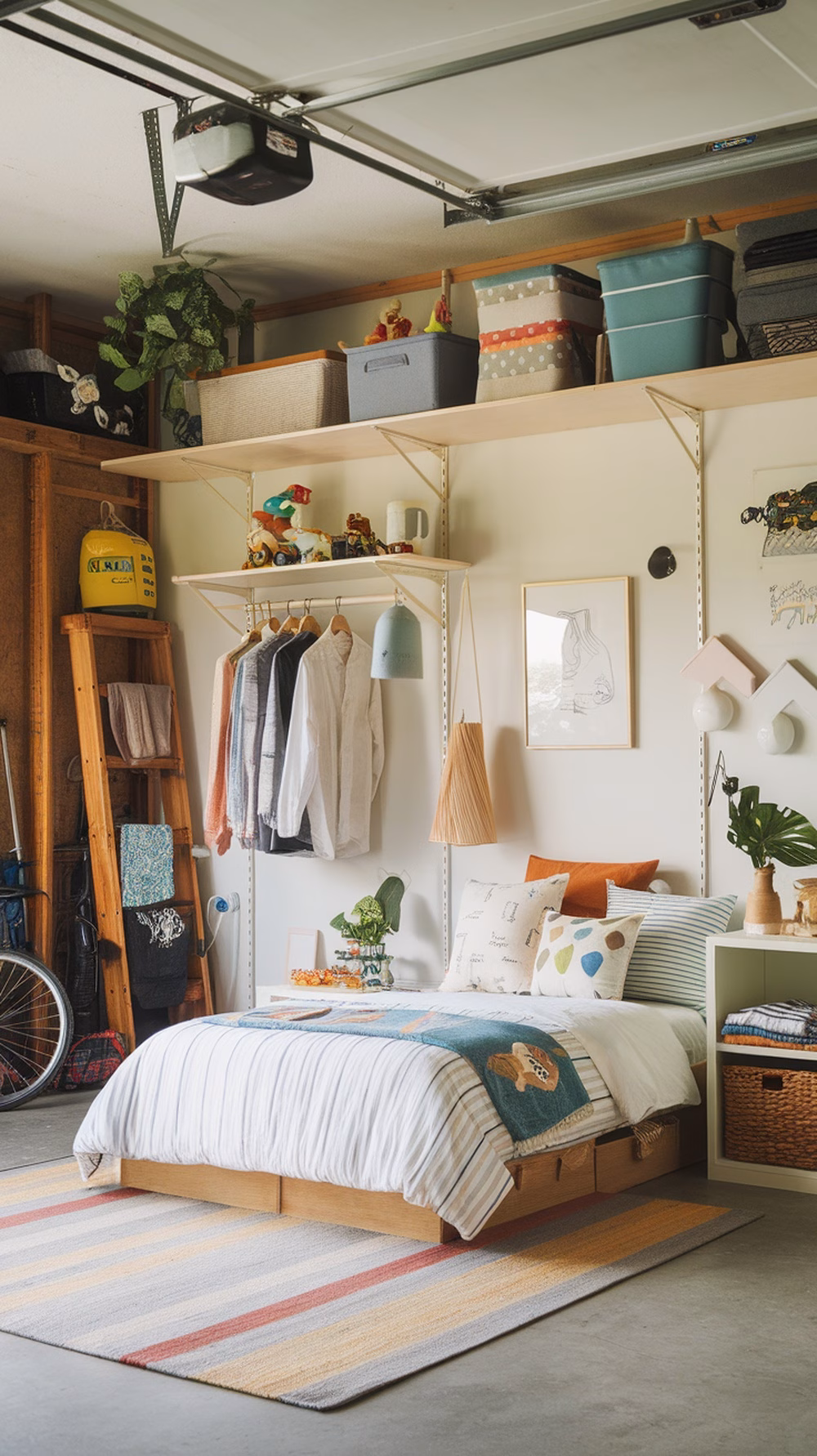 Cozy garage bedroom conversion with a bed, colorful pillows, shelves, and plants.