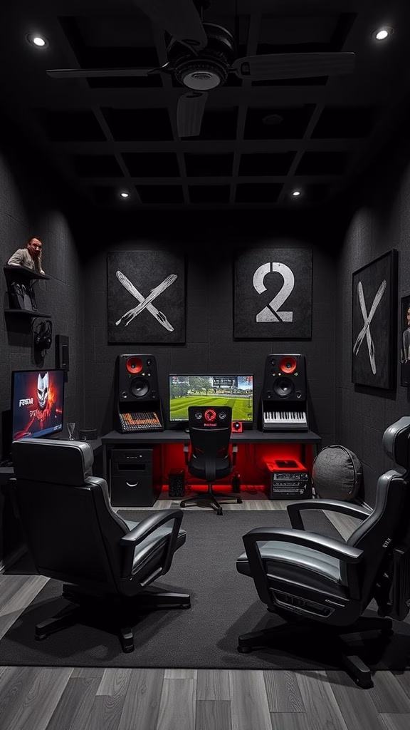 A game room with textured black walls, modern furniture, and gaming equipment.