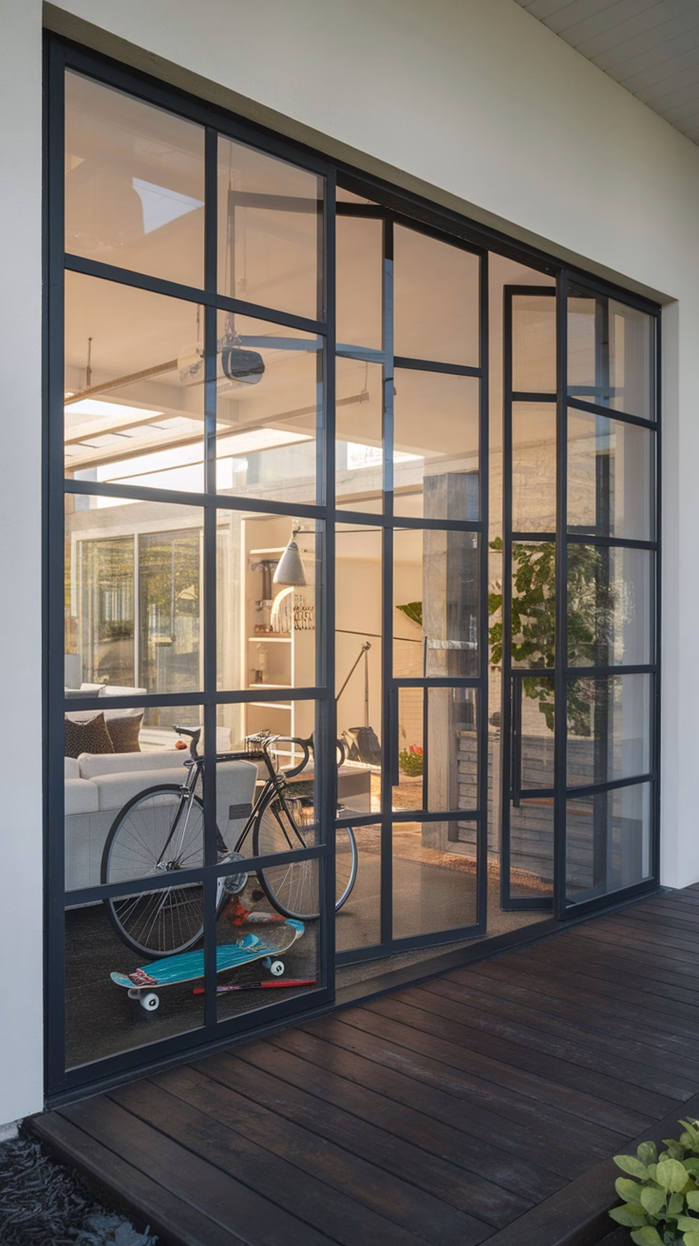 A contemporary glass garage door with a black frame, showing a bike and skateboard inside.