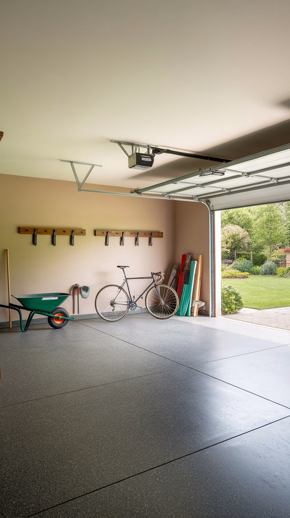 A clean garage with rubber flooring, bicycle, wheelbarrow, and tools organized on the wall.