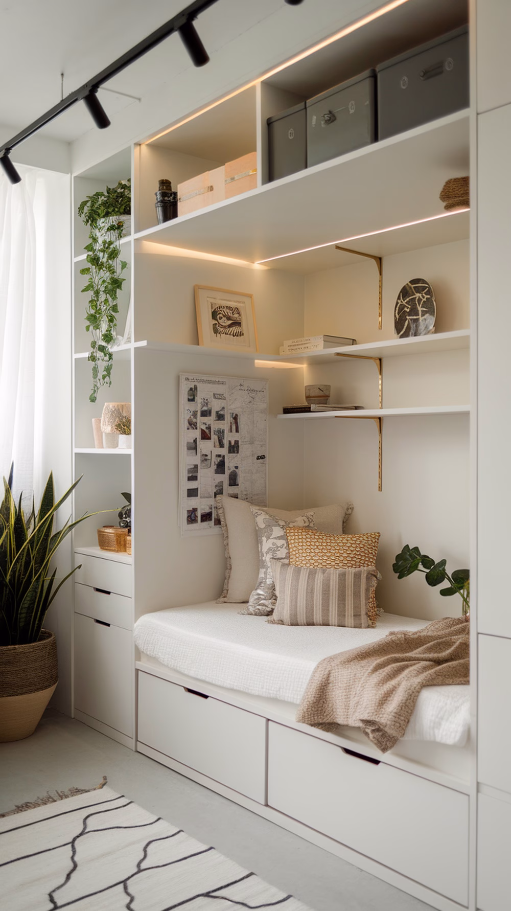 A stylish storage solution in a chic apartment with built-in shelves, decorative boxes, and a cozy seating area.