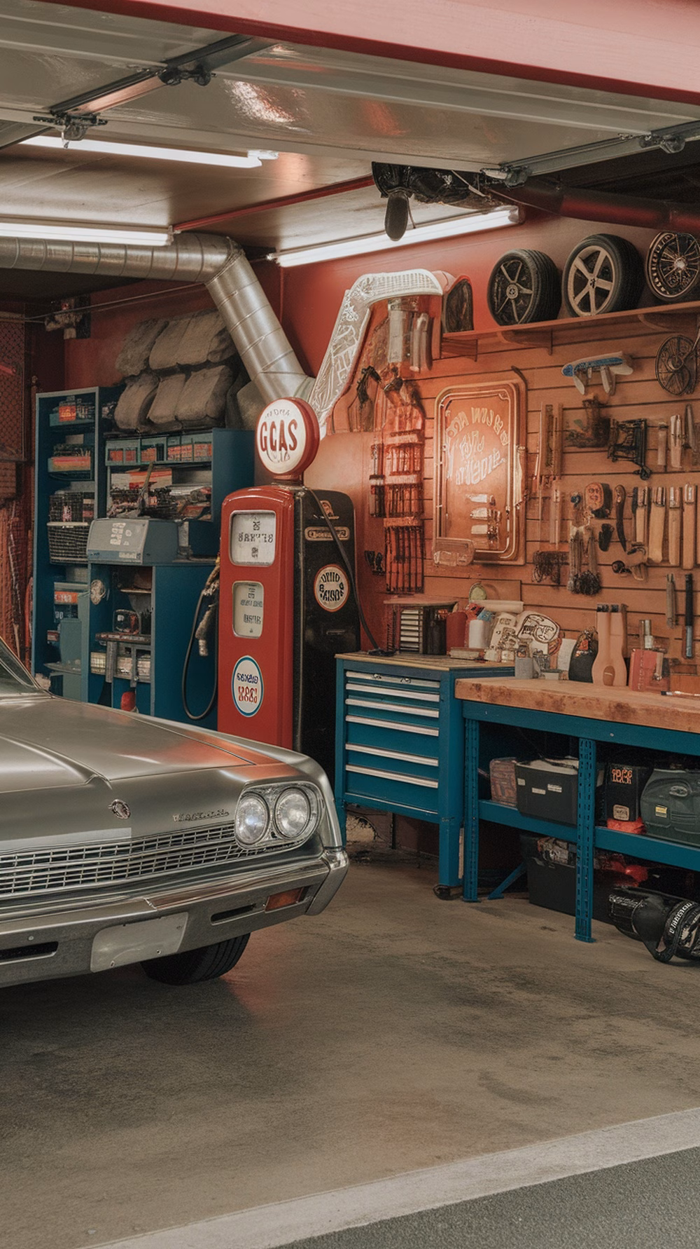 A vintage garage featuring a classic car, retro decor, and organized tools.