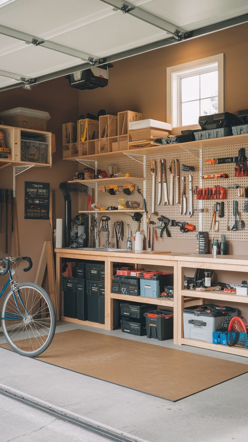 A well-organized multi-purpose workshop garage with tools on shelves and a bicycle.