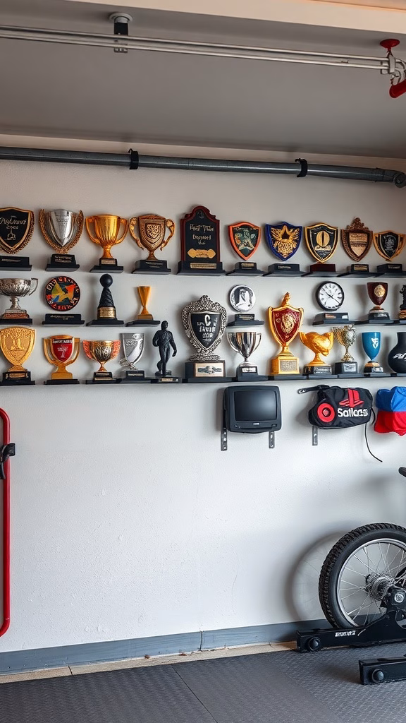 A wall displaying various gaming trophies and awards in a garage video game room.
