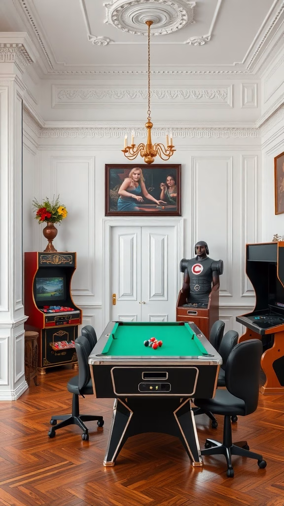 A stylish game room with classic white walls, featuring a pool table, arcade machines, and elegant decor.