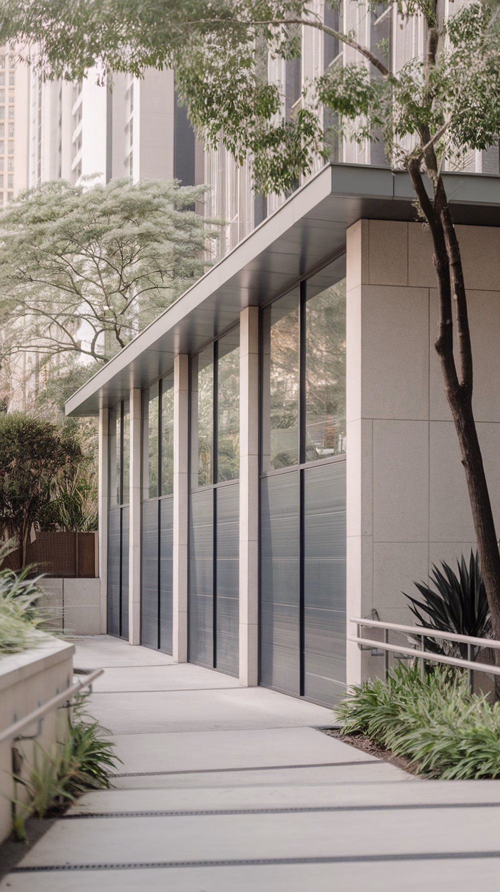 A modern minimalist garage with large glass panels and a clean facade, surrounded by greenery.