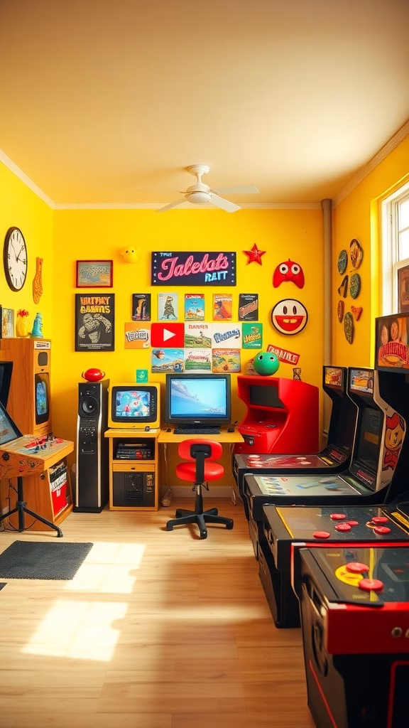 A vibrant game room with yellow walls, arcade machines, and playful decorations.